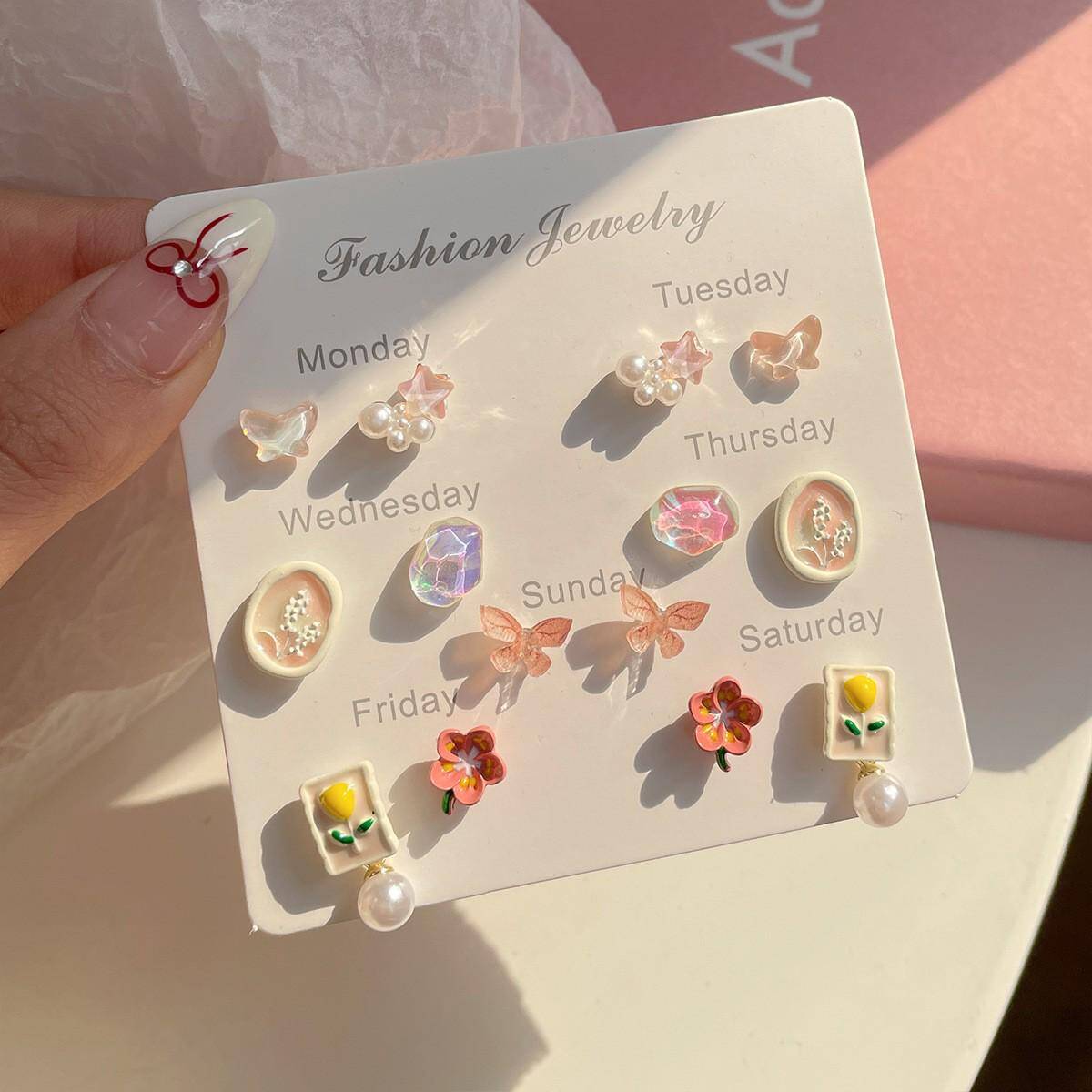 Fashion Pink Color Butterfly Flower Metal Stud Earrings  - Image 3